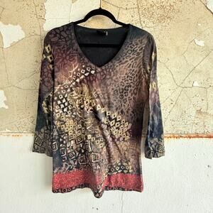 Vintage Tunic Top Boho Womens V Neck Shirt Long Sleeve USA Supima Cotton 90s S